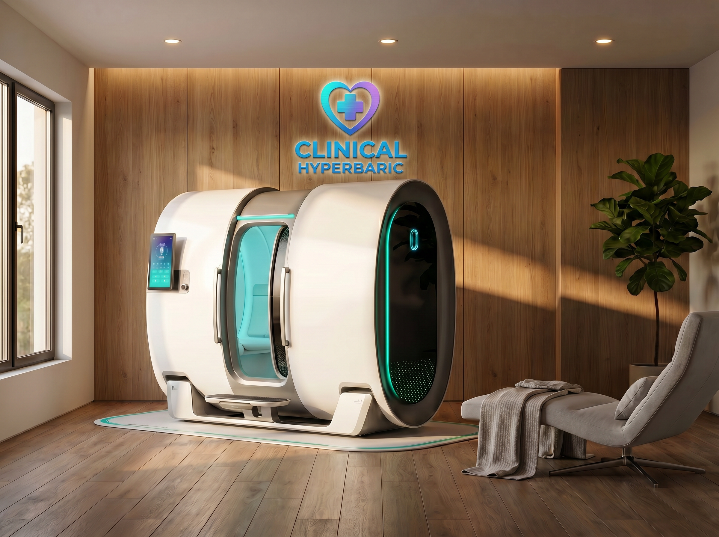 Helix Pro hyperbaric chamber installed in a premium wellness room with Clinical Hyperbaric branding
