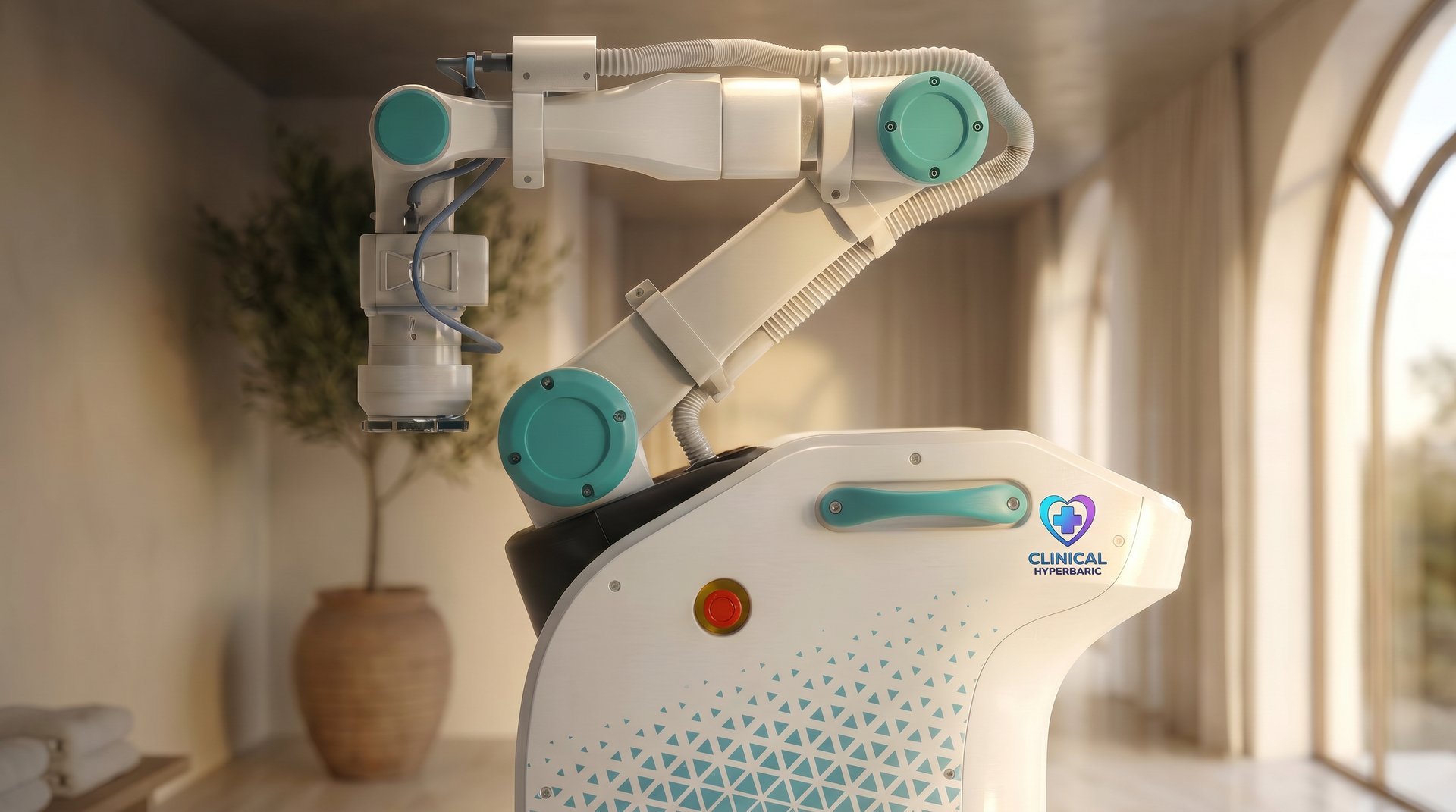 Helix Touch AI physiotherapy robot with Clinical Hyperbaric branding