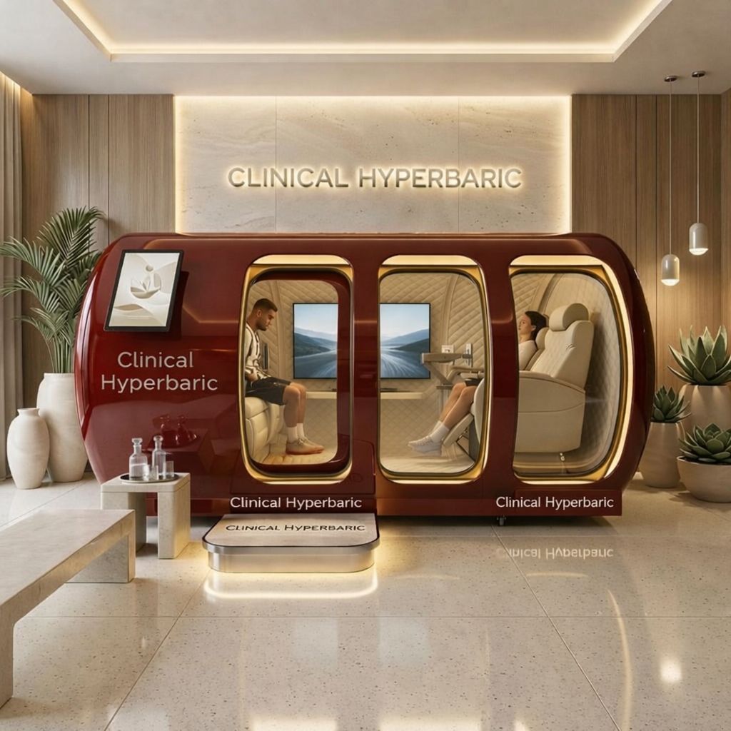 Helix Cube Duo installation in the Clinical Hyperbaric showroom with warm wood, travertine, and brass accents.